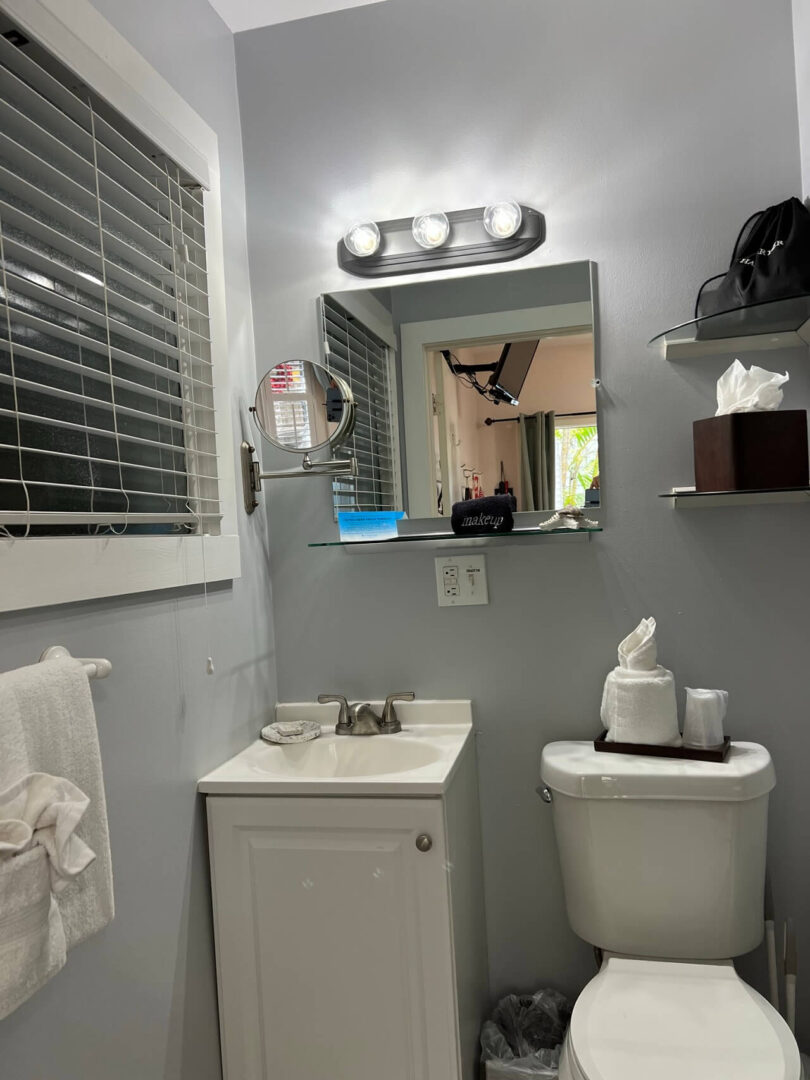 a washroom with a sink, commode, mirror, and more