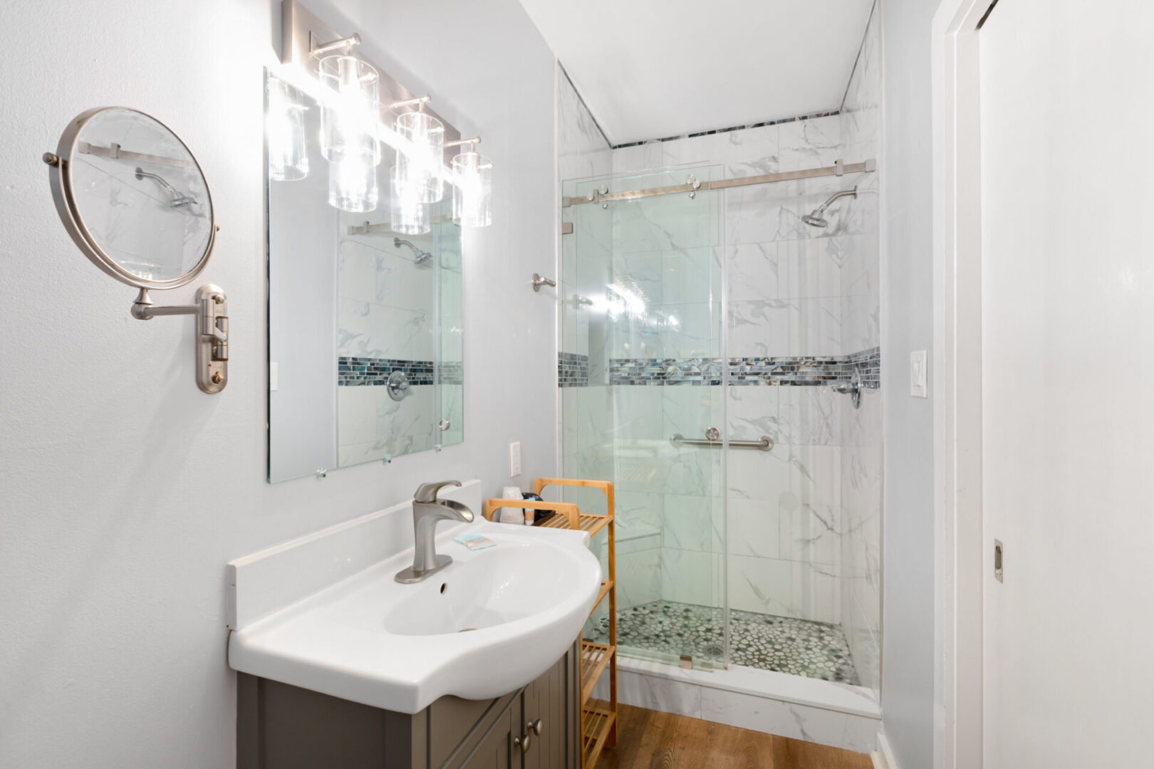 A bathroom with white interiors